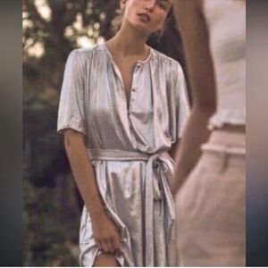 Sabina Musayev Shimmer Short Sleeve V Neck Waist Tie Dress